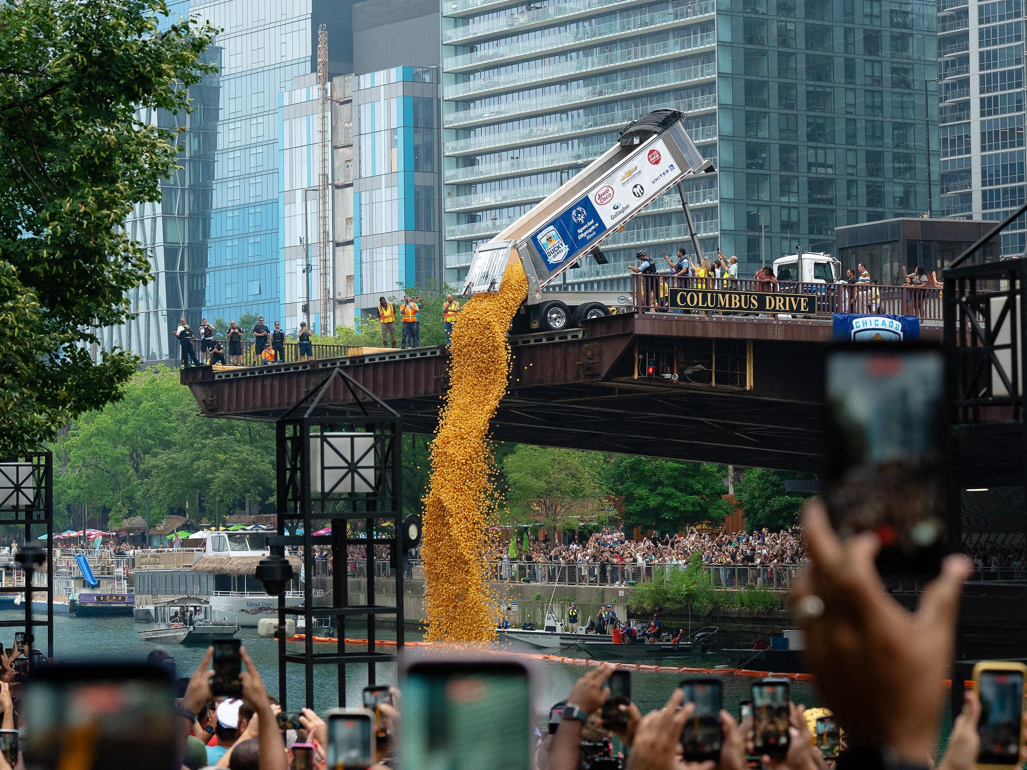 Rubber ducks pouring off the Columbus Drive Bridge into the Chicago River