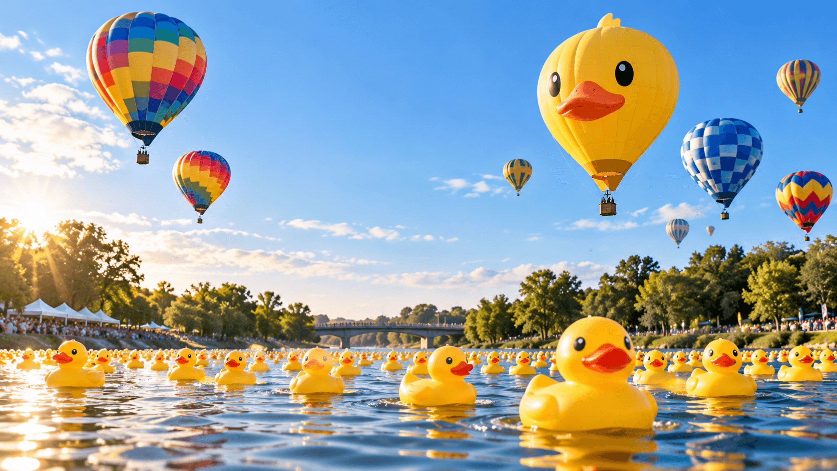 Thousands of rubber ducks pouring into the water at the start of a race