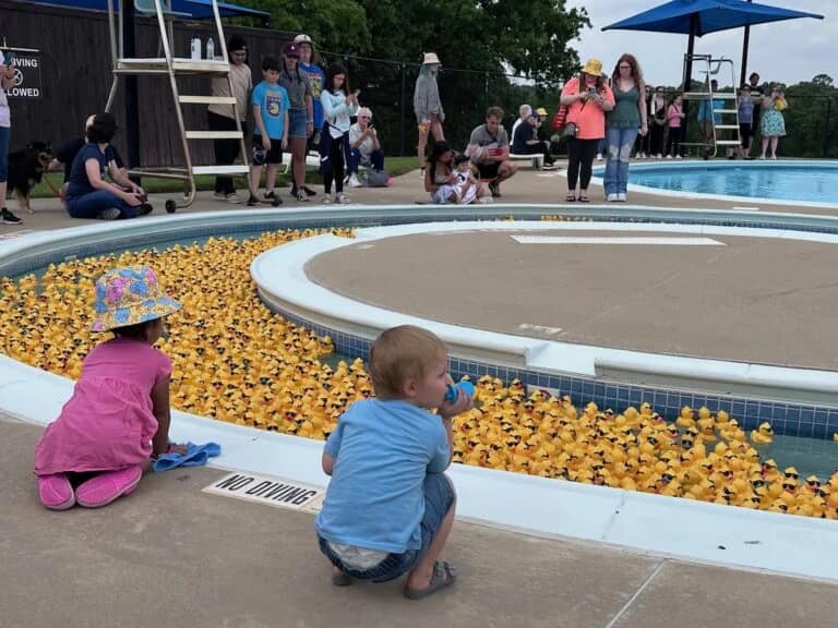 A mountain of sunglasses-wearing race ducks