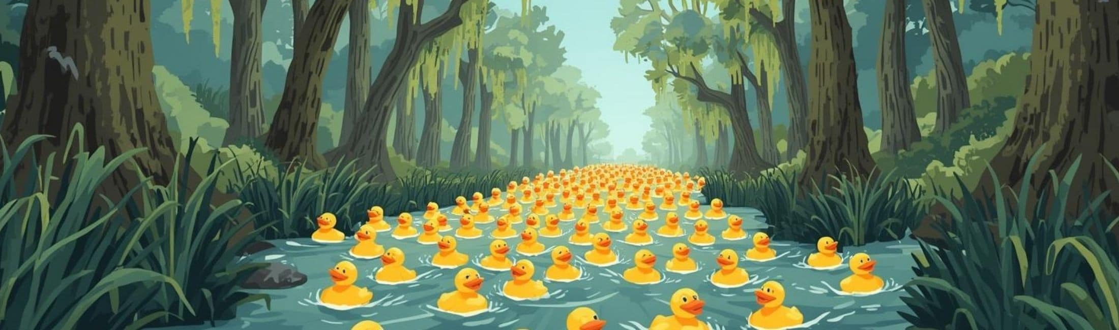 Illustration of rubber ducks floating down a tree-lined bayou