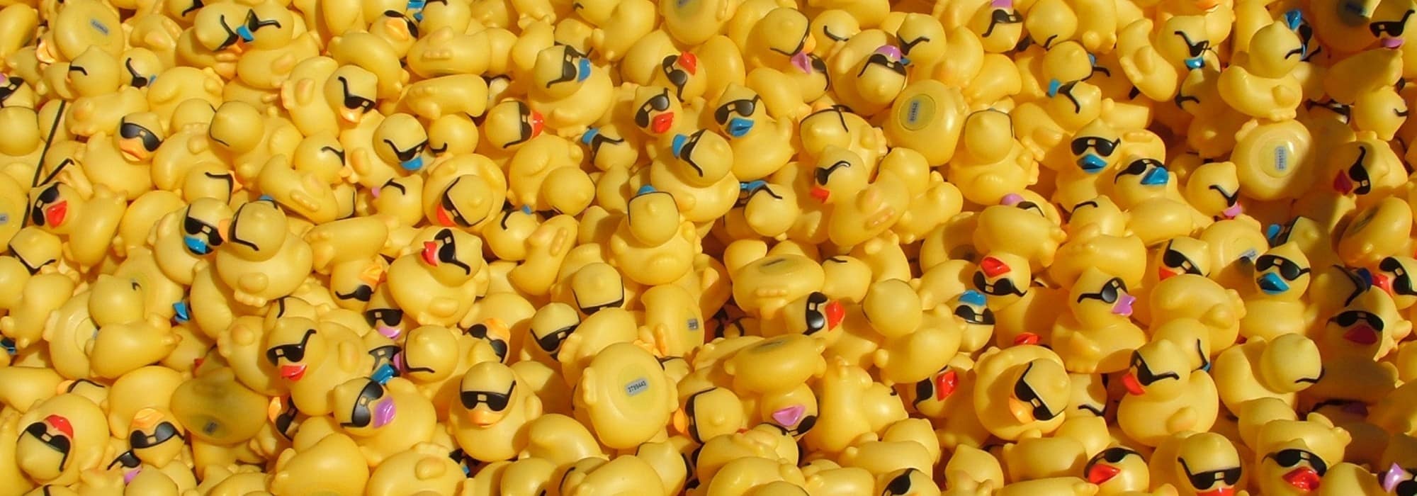 A giant pile of yellow rubber race ducks wearing sunglasses