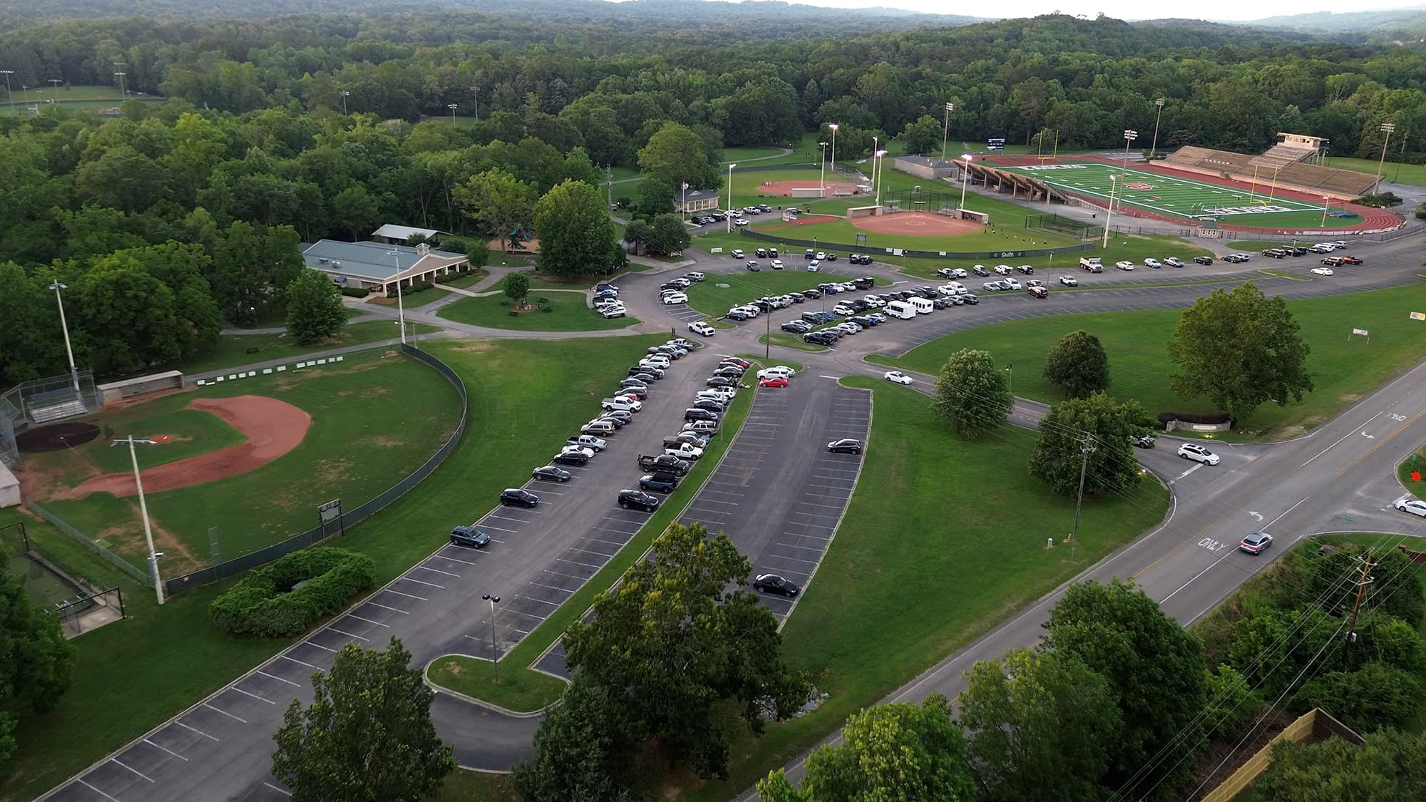 Aerial view of Heardmont Park with its ballfields and wooded hills along Cahaba Valley Road